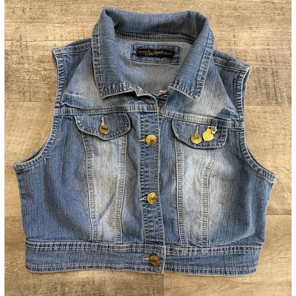 Southpole Women's Vintage Crop Distressed Denim Vest Size Juniors Large